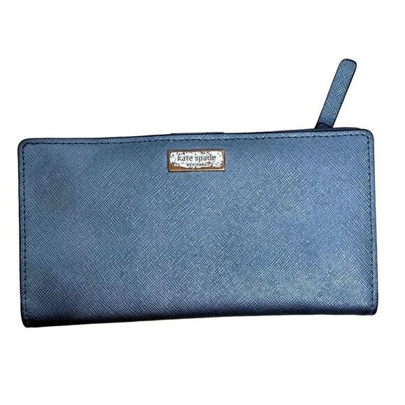 CLASSIC KATE SPADE Bifold Snap Wallet W/ Zipper‎ Gold Hardware 7" x 4" Blue Gray - Picture 1 of 7
